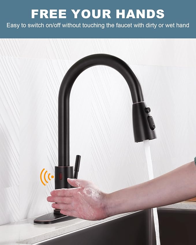 Touchless Kitchen Faucet Stainless Steel: WOWOW Smart Motion Sensor Kitchen Sink Faucet with Sprayer, Automatic Hand-Free Oil Rubbed Bronze Kitchen Faucet for Sink 1 or 3 Hole