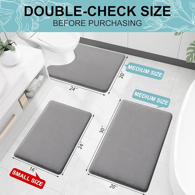 Smiry Memory Foam Bath Mat 44x24, Extra Soft and Absorbent Bathroom Mats, Non Slip Washable Carpet for Floor, Shower and Tub, Grey
