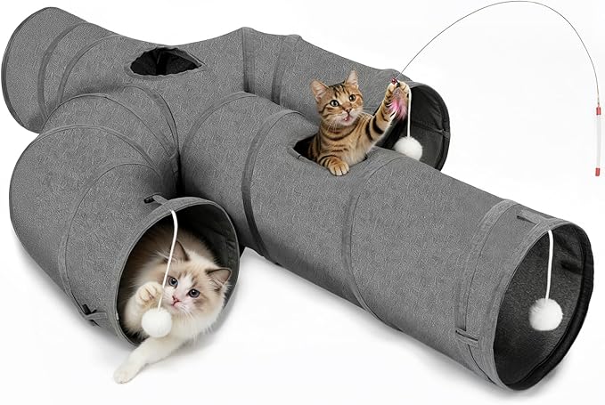 Ownpets Cat Tunnel Large 12 inch Diameter Sturdy Oxford Fabric Cat Tunnel Toy, Cactus Shape Collapsible Cat Tunnels for Indoor Cats,Interactive Peek Hole Pet Tunnel Tube with Cat Wand Toy
