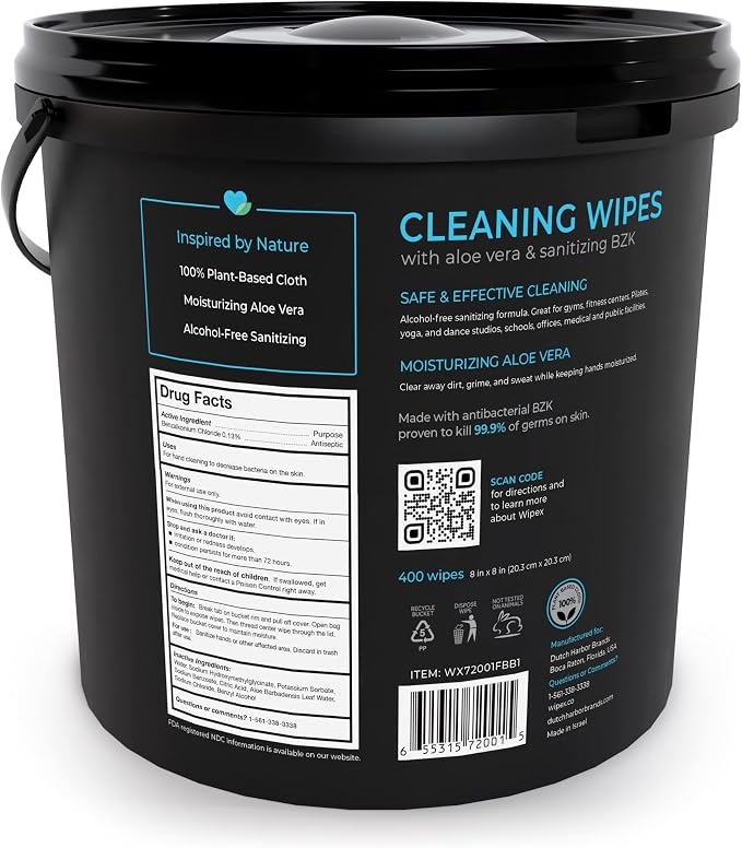 Wipex Fitness Wipes - 400ct Dispensing Bucket with Sanitizing BZK for Hands, 2 Pack Bulk Supply, Great for Fitness Centers, Yoga Studios, and Commercial & Home Gyms