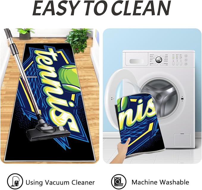 Tennis Net Tennis Ball Kitchen Rugs Non Slip Blue Kitchen Mats Machine Washable Rugs 2 Pieces Minimalist Sports Design Runner Carpet, 20"x32"+20"x71"