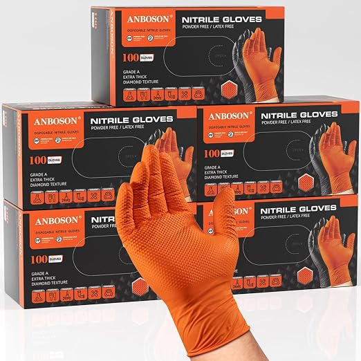 ANBOSON 10 Mil Heavy Duty Industrial Nitrile Gloves, Orange Medium 500 Ct | 500 Ct Diamond Texture, Disposable Latex Free Rubber Gloves for Auto Repair,Workshop,Warehouses,Chemical Handling Industrial