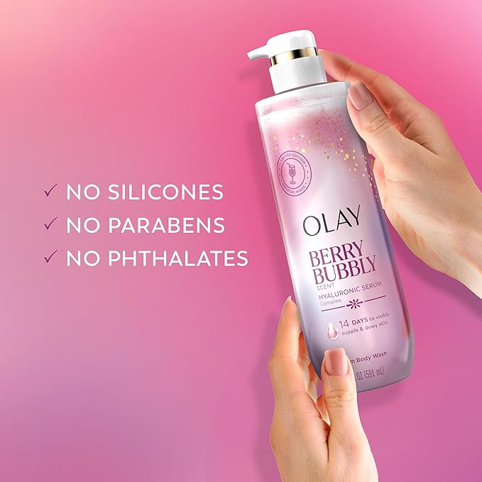 Olay Body Wash for Women, Intensely Hydrating, Pro-Hyaluronic Acid Serum Complex, Renews Moisture, Vitamin B3 Lameller Technology, For All Skin Types, Berry Bubbly Scent, 20 fl oz
