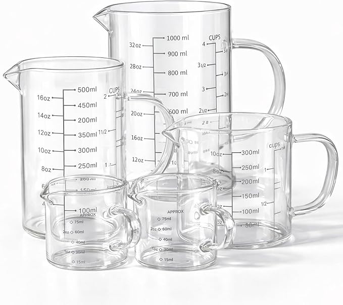 77L 5 Pack Glass Measuring Cup Set, [Insulated handle, V-Shaped Spout], High Borosilicate Liquid Glass Measure Cup for Kitchen, Easy To Read, Dishwasher, Freezer, and Microwave Safe