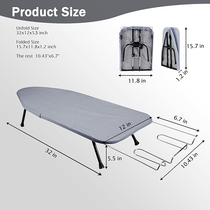 SheeChung Small Ironing Board with Rest,Mini Foldable Iron Board,32" Lx12 W | Metal Mesh Panel,Non-Slip Feet,Heat Resistant Cover & Pad,Hook for Hanging,Tabletop Iron Board for Dorm Apartment Small Space
