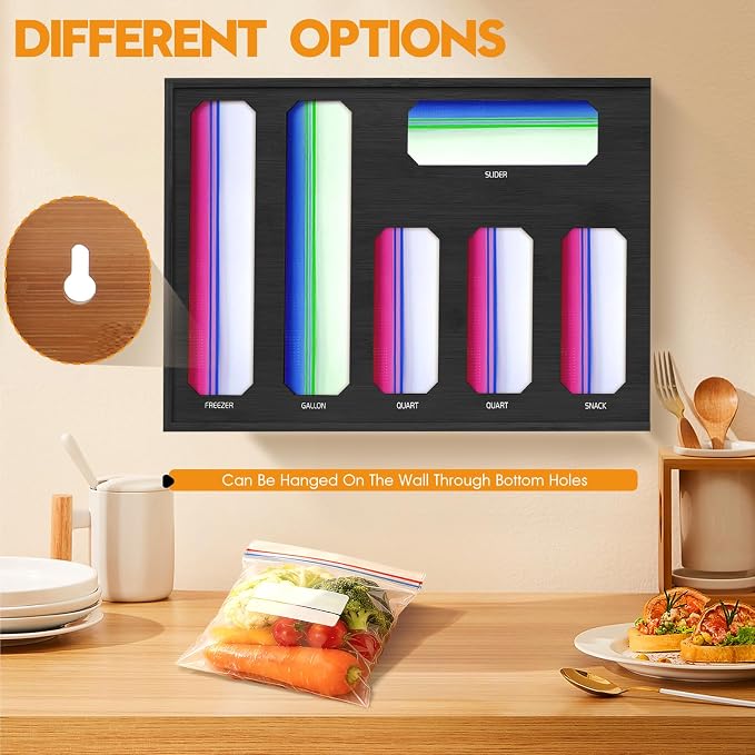 6 in 1 Bamboo Ziploc Bag Storage Organizer, Black Baggie Organizer for Drawer with Sliding Lid - Fits Gallon, Quart, Sandwich, Snack & Freezer Bags, Wall Mountable Kitchen Drawer Organization