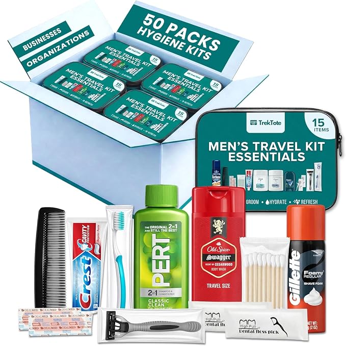 Bulk 50 Case Pack of Men's 15 Piece Set Hygiene Kits, Travel Size Toiletries, Deodorant, Shampoo, Body Wash, Shaving Cream, Razor, Toothbrush, Toothpaste, Comb, Flossers, Swabs