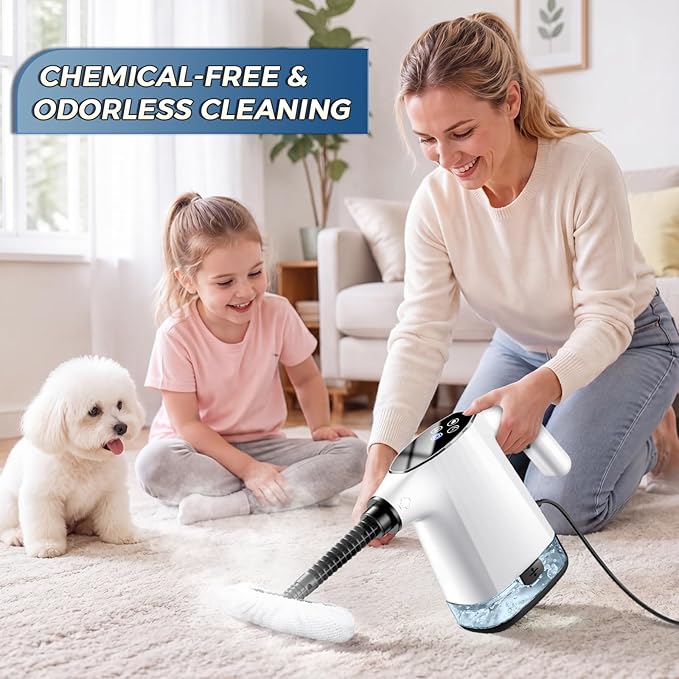 Handheld Steam Cleaner, Portable Steamer for Cleaning with 18PCS Accessories, 12s Fast Heating, Pressurized Steam Cleaner for Home, Kitchen, Bathroom, Car Detailing, Window, and Clothes, White