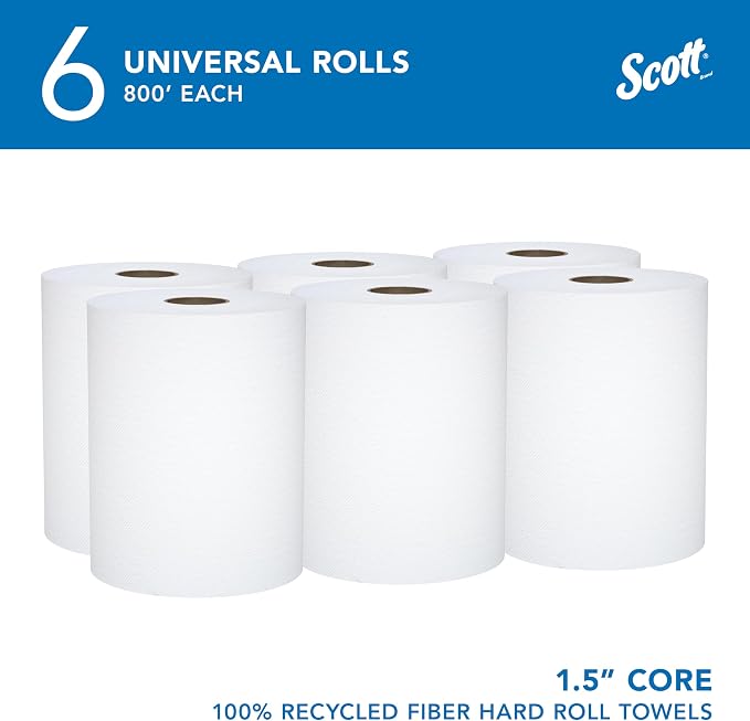 Scott Professional Hard Roll Paper Towels, Bulk, 6 Rolls x 800' (56158) | Universal 1.5" Core, 100% Recycled Fiber, White, Standard Tier, Absorbency Pockets, Compatible with Universal Roll Dispensers