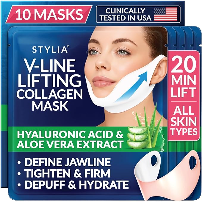 Stylia V Line Lifting Collagen Mask - Lift, Firm & Contour Jawline - Tightening Double Chin Strap with Hyaluronic Acid & Aloe - Neck Tightening and Lifting Mask - Jawline Shaper Face Lift Tape (10PC)