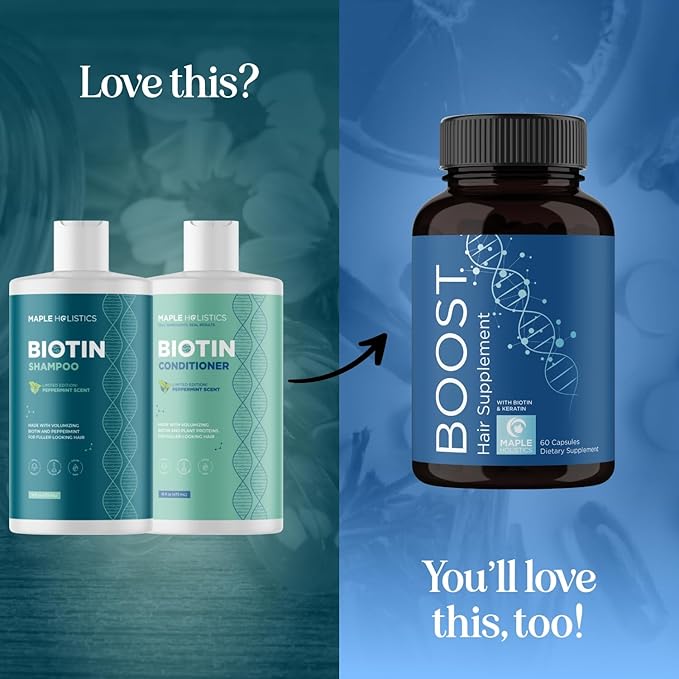 Volumizing Biotin Shampoo and Conditioner Set - Peppermint Shampoo and Conditioner for Thinning Hair Care with Argan Coconut & Olive Oil - Color Safe - Paraben Silicone & Sulfate Free (16 Fl Oz Each)