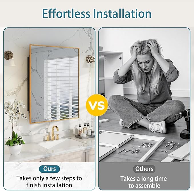 Brushed Sliver Metal Medicine Cabinet Right-Angled Rectangle-Design,Bathroom Mirror with Storage, Recessed or Surface Mounted, 2 Adjustable Metal Shelves (Brushed Gold, 20x26)