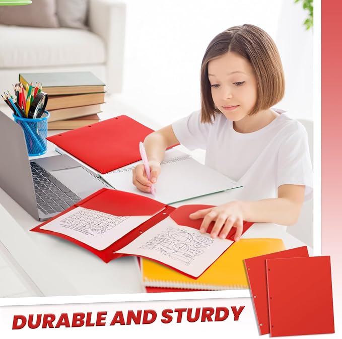 Yeaqee 100 Pcs Plastic Folders with Pockets Bulk 3 Hole Punched 2 Pocket File Folders for 3 Ring Binder Divider Folder for Notebooks, Durable Poly for Office Home (Red)
