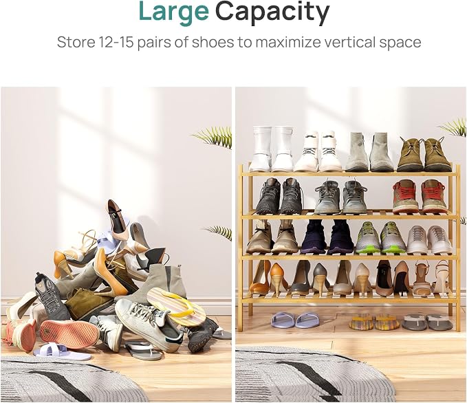 viewcare Shoe Rack, 4-Tier Long Shoe Rack for Entryway, Bamboo Wood Shoe Shelf for Closet & Hallway, Long 33IN | Beautiful | Functional | Sturdy | Durable