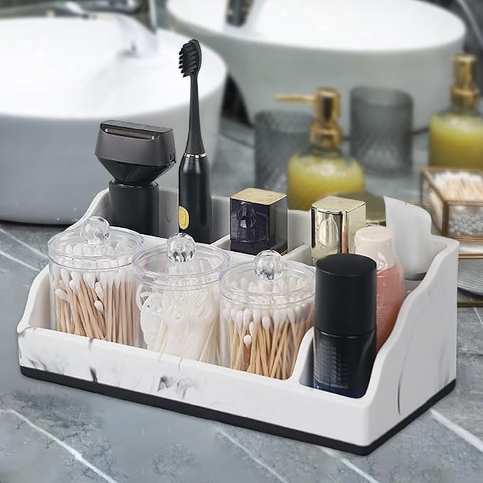 Bathroom Counter Organizer Toothbrush Holder Durability Home Use 5 Compartments Resin with 3 Qtip Holder Toothbrush Organizer (White)