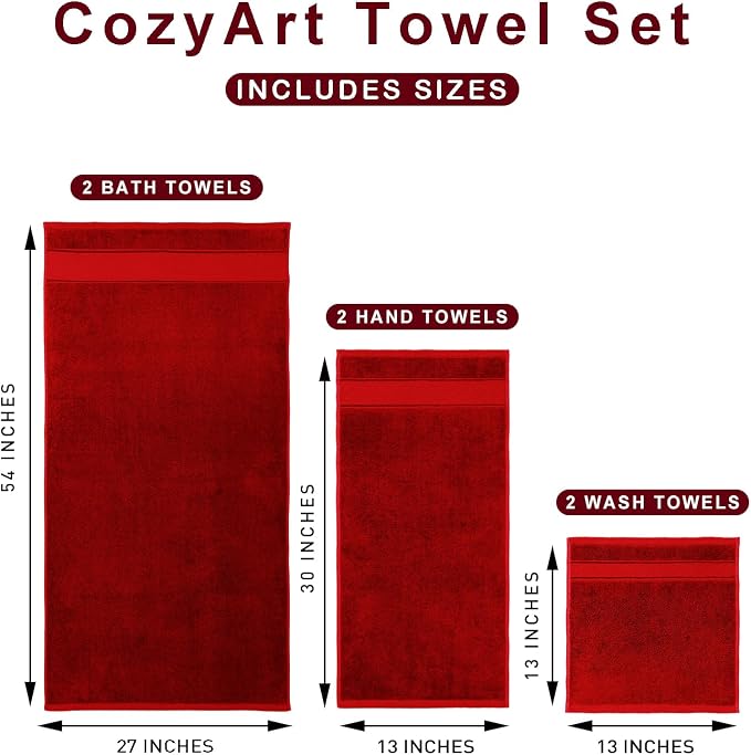COZYART Bath Towel Set 6 PCS, Luxury Cherry Red 100% Turkish Cotton 650GSM | Soft Absorbent Quick Dry, OEKO‑Tex 100 Cert. Zero Twist Ring Spun Cotton, Plush Fluffy, Breathable Hotel Quality Towels Set