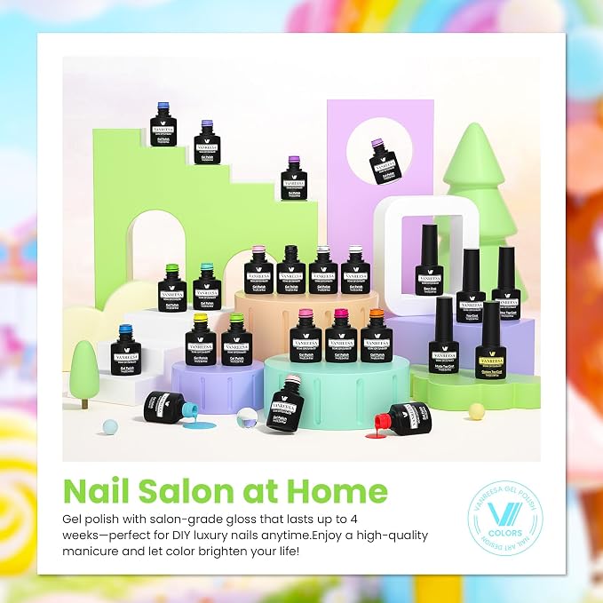 VANREESA 24 Pcs Gel Nail Polish Set -Trendy Colors Gel Polish with Base Coat & 4 Effects of Top Coat White Nude Pink Orange Yellow Green Blue Purple Black Gel Polish Set Nail Kit Gifts for Women Girls