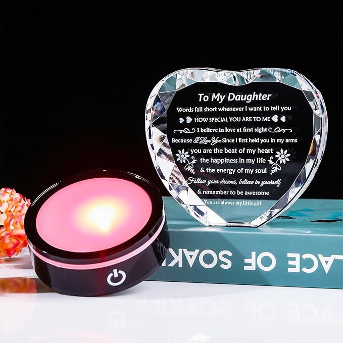 YWHL Daughter Gifts from Mom Dad Best Birthday Graduation Gifts Ideas for Adult Daughter Crystal Keepsake Present with Light Base Gift for Daughters on Christmas Valentines Mothers Day