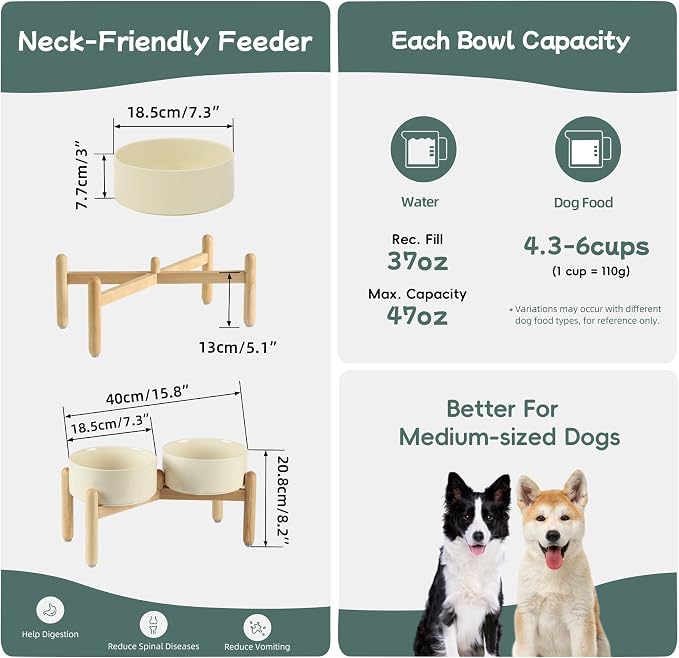 Havniva Elevated Dog Bowls Ceramic Dog Bowls with Stand, Dog Food Bowl | 7.3” Raised Dog Bowls with Non-Slip Wood Stand, Dog Food and Water Bowl Set, Double Dog Feeding Bowls for Medium Dogs