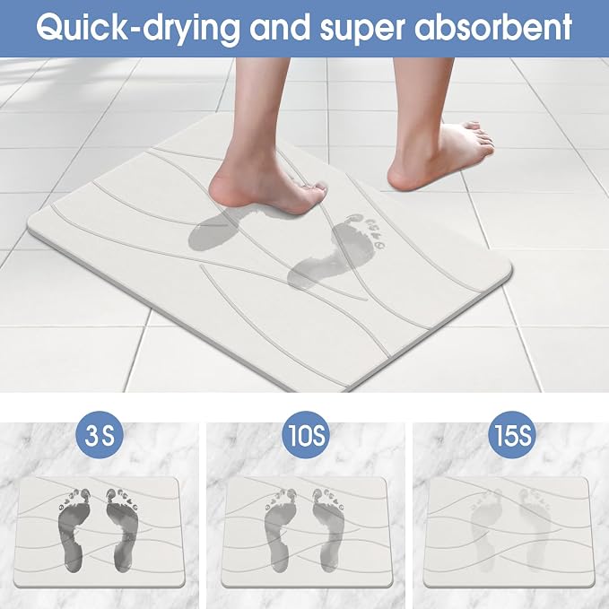 Veeloim Stone Bath Mat Diatomaceous Earth Shower Mat Non-Slip Super Absorbent Diatomite Stone Bath Mats for Bathroom Floor Quick Drying Natural Easy to Clean(23.6''×15.4" White)