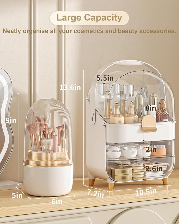 Makeup Organizer Countertop, Skincare Holder Bathroom Counter Organizer, Storage Box Cosmetic Display Cases, Teen Girl Gifts Make up Organizers (White/Brush)