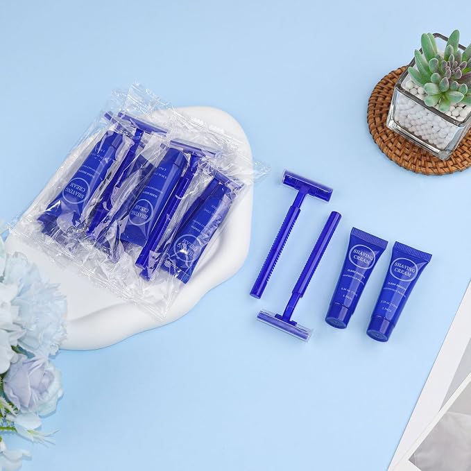 Disposable Razor Shaving Cream Set, Individually Wrapped Manual Twin Blade Shaving Razors in Bulk with Mini Smooth Shaving Cream Toiletries for Hotel Charity Camping Travel Homeless 0.34oz (100 Pack)