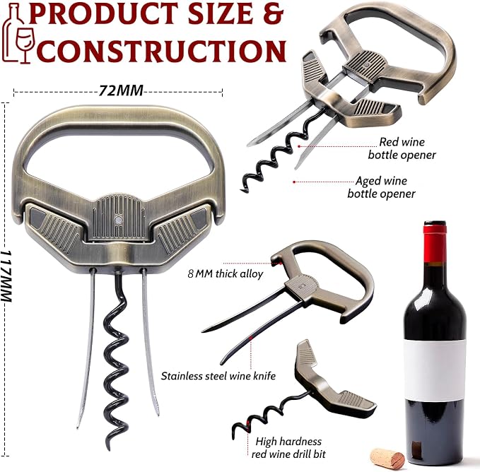 Ah So Wine Opener for Vintage Bottles, Old Wine Corkscrew with Portable Leather Case, Two Prong Cork Puller, for Wine Connoisseurs & Collectors to Uncork, Ideal Gifts for Wine Lovers (Classic Bronze)