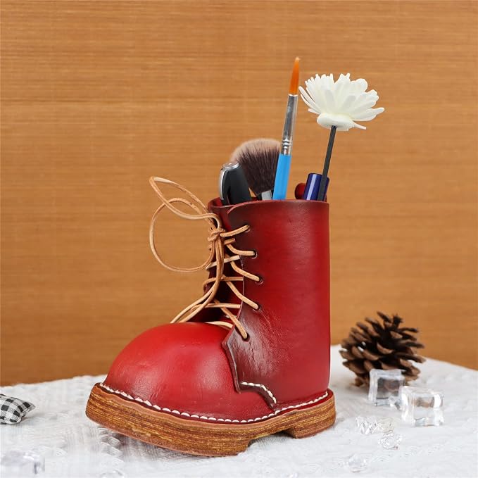 Vegetable Tanned Leather Cowhide Shoes Desktop Decorative Pen Holder Stationery Makeup Brush Organizer Creative Gifts For Men And Women (Red)