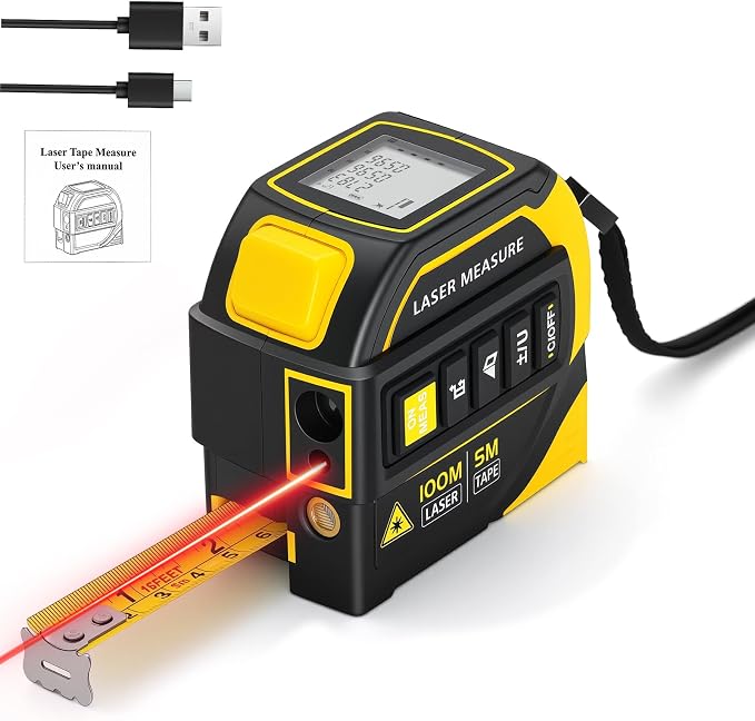 4-in-1 Digital Laser Tape Measure, 328ft/100m Laser Distance Meter with 16ft/5m AutoLock Measuring Tape, Dual-axis Angle, Cross-Line Leveling, Class II Laser Product, Output < 1mW