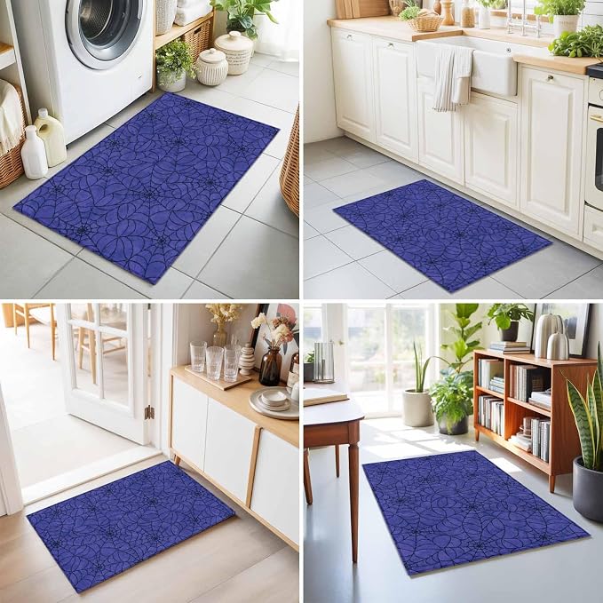 Entryway Area Rug 2'x3', Navy Blue Halloween Washable Small Area Rugs for Kitchen Bathroom Bedroom Office Laundry, Black Spiders Net Classic Gingham Door Mat Indoor Entrance Floor Throw Carpet