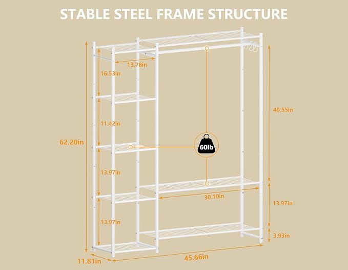 Wardrobe Closet,Portable Clothes Rack with 4 Tiers Shelves,Freestanding Closet Organizers and Storage System with Hanging Rods,Steel Clothing Rack Suitable for Cloakrooms,Bedrooms,Entrances,etc.White