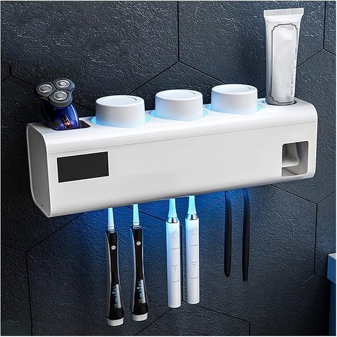 Toothbrush Rack Wall-Mounted Smart Toothbrush Holder No Punch Storage Rack 6 Toothbrush Slots, with Toothpaste Dispenser and Mouthwash Cup Bathroom Toothbrush Holder(A)