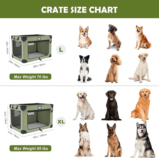 42 Inch Travel Collapsible Dog Crate Green with Signature Card，Storage Bag | Chew-Proof Mesh Window,Sturdy Frame,Soft Blanket & Foldable Bowl,Waterproof & Easy to Clean,Portable for Camping，Mesh Windows