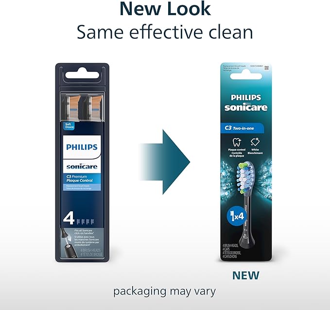 Philips Sonicare C3 Two-in-One - Genuine Replacement Electric Toothbrush Heads, Black, 4 Pack One Year Supply, HX9044/95