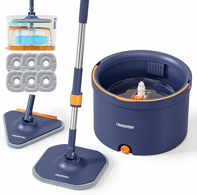 HoMettler Spin Mop and Bucket Set, Mop Bucket with Separate Dirty Water System, Deep-Cleaning Mops for Floors/Wall, Versatile Mops (Spin Mop Set with Triangular Head)