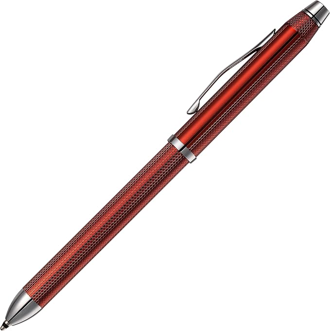 Cross Tech3+ with Sophisticated Brushed Red Diamond Pattern Finish Barrel, 0.5mm Pencil, Black and Red Ink Refills, Interchangeable Cap Tops in Premium gift box