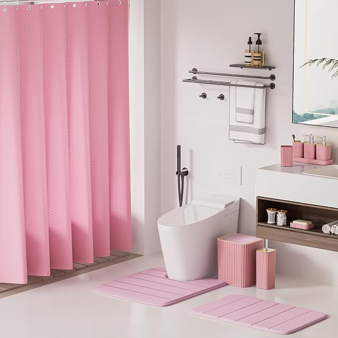 XLHOMO Bathroom Accessories Set - 25PC Pink Bathroom Set, Bathroom Set with Shower Curtain and Rugs, Pink Shower Curtain Set, Toilet Brush, Bathroom Trash Can