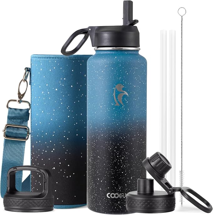 Coolflask Water Bottle 40 oz Insulated with Straw, Stainless Steel Metal 3 Lids Water Flask for Sports or Office, Keep Cold 48H Hot 24H, Turquoise