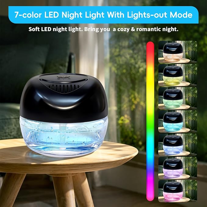 Water Based Air Purifier with Essential Oil Diffuser Pack, Air Washer with 7 Color LED Night Light, Air Revitalizer Includes 6x10ml Essential Oil Aroma Diffuser for Home, Office, Pet