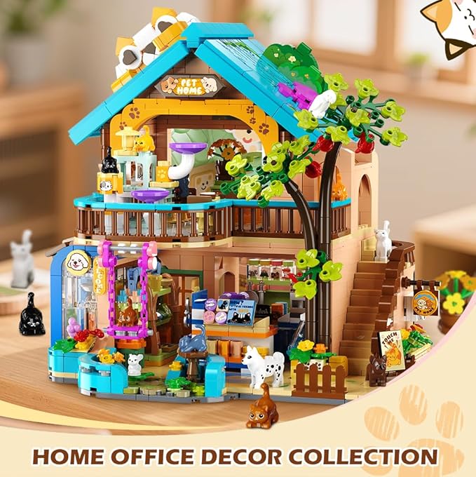 INSOON City Pet Shop Building Set with Lights for Adults Kids Boys Girls 8+ | 1431 PCS Cozy Pet Construction Toy with Cats Dogs, Cute Animal Store Miniature House Model Building Block Kit for Home Decor