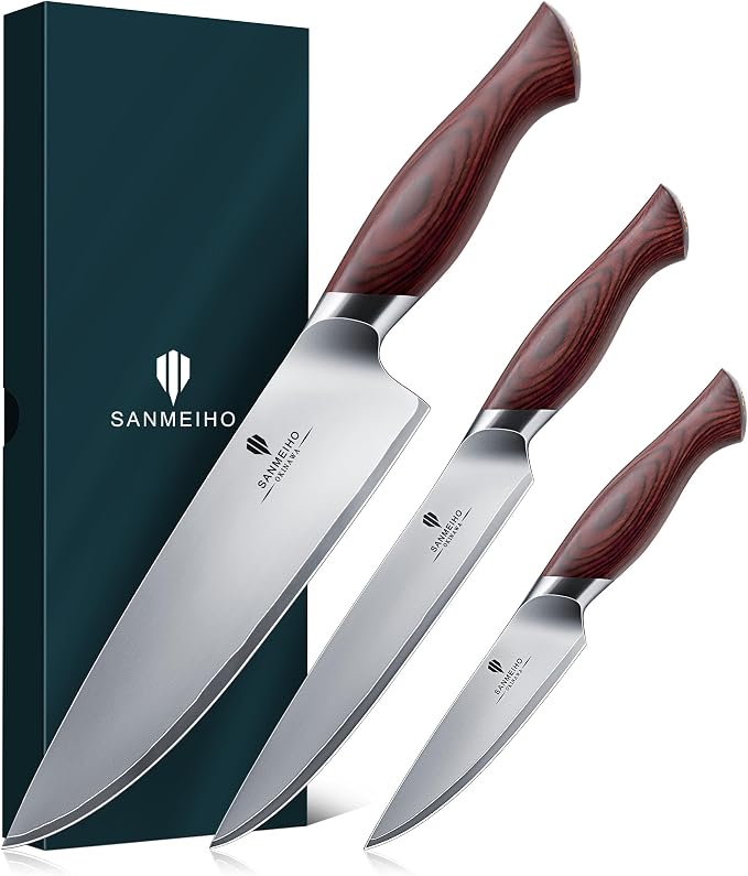 Japanese Knife Set 3 PCs, High Carbon 10Cr15Mov Stainless Steel | Ultra-Sharp Professional Kitchen Chef Knives Set with Ergonomic Pakkawood Handle and Elegant Gift Box