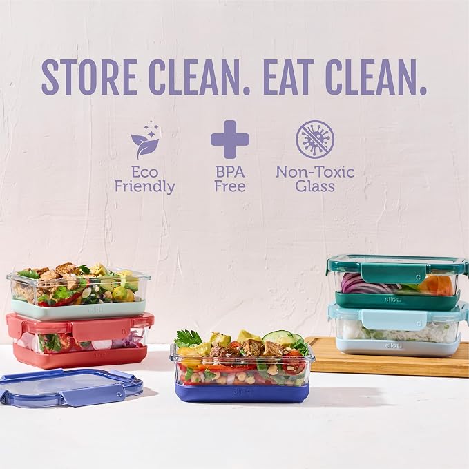 Ello Duraglass Refresh 3.4 Cup Meal Prep Containers, 10 Pc, Everest | Glass meal prep container set with silicone boots, airtight leakproof BPA-free lids, microwave, freezer & dishwasher safe