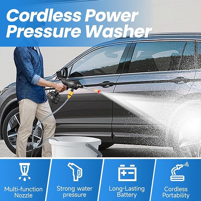 Cordless Pressure Washer 21V x2 Batteries, Cordless Power Washer Battery Powered, Portable Pressure Washer w/ 6-in-1 Nozzle, Soap Container, Charger Included