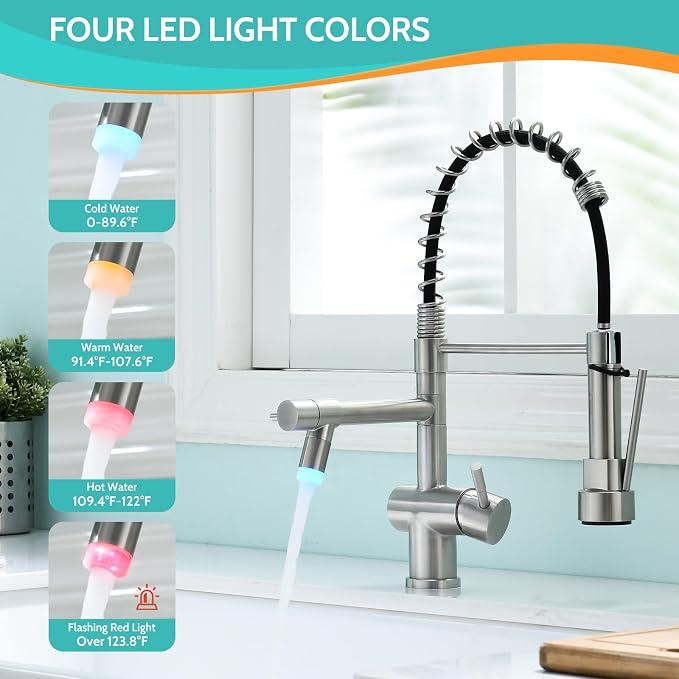 Kicimpro LED Kitchen Faucet with Pull Down Sprayer, Brushed Nickel Faucet for Kitchen Sink, Single Handle High Arc 304 Stainless Steel LED Commercial Bar Kitchen Sink Faucet for 1 Hole Or 3 Hole