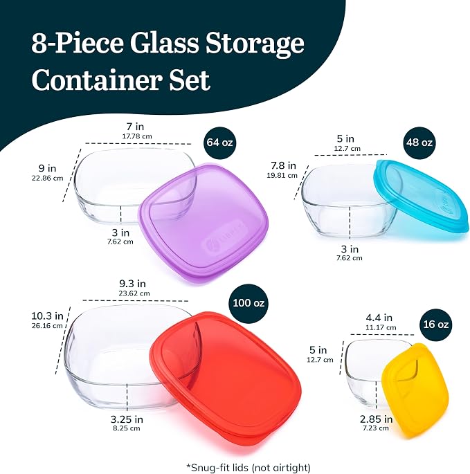 Libbey Serve It Glass Storage Bowls Set of 8 Stackable 2, 6, 8, 12.5 Cup Food Storage Containers with Sung Fit Lids, Glass Bowls Set for Snacks, Leftover or Meal Prep