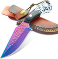Premium Hunting Knife with Leather Sheath, 4.2" Damascus Style Fixed Blade Knife, Rainbow Titanium Coated German High Carbon Steel, Two-Tone Wood Handle,Unique Outdoor EDC Knife Gift for Men and Women (Dazzling colors)