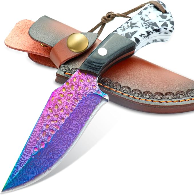 Premium Hunting Knife with Leather Sheath, 4.2" Damascus Style Fixed Blade Knife, Rainbow Titanium Coated German High Carbon Steel, Two-Tone Wood Handle,Unique Outdoor EDC Knife Gift for Men and Women (Dazzling colors)