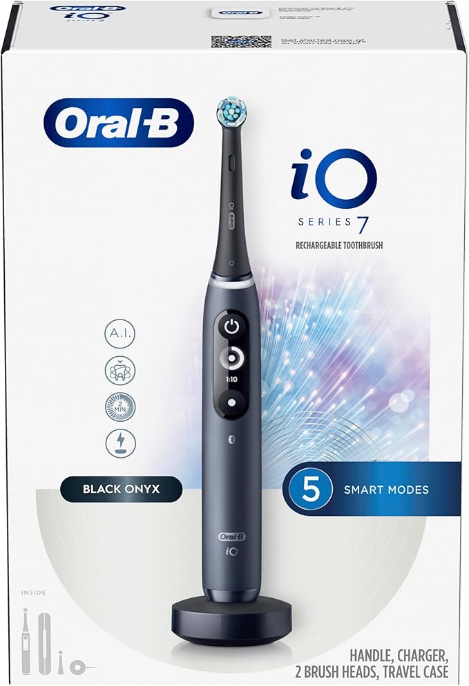 Oral-B Rechargeable Electric Toothbrush, iO7 Adaptable Clean, 5 Cleaning Modes, Visual Pressure Sensor to Protect Gums, Charging Travel Case, 2 Brush Heads, Black
