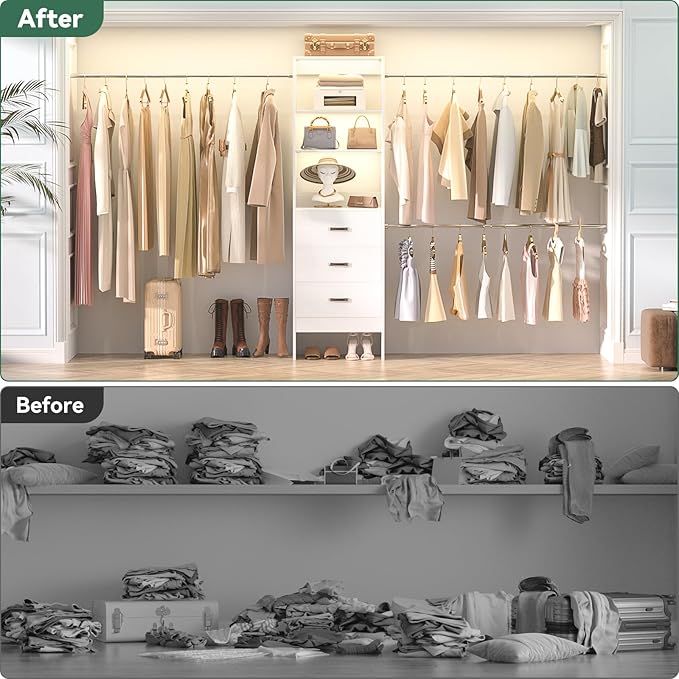 Besiost 96'' Closet Organizer System with 3 Hanging Rods, 8FT Closet Organizers and Storage with 3 Wooden Drawers, Built in Closet Organizer Systems, Adjustable Walk-in Wardrobe from 5-8FT, White