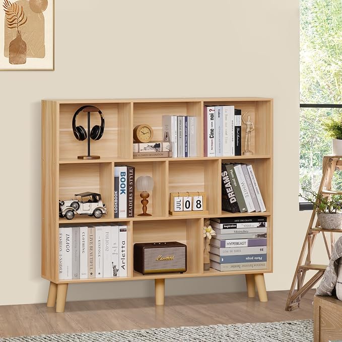 LEYAOYAO 10 Cube Bookshelf, Mid-Century Modern Book Shelf with Legs,Natural | 3 Tier Bookcase, Rustic Wood Bookshelves Freestanding Large Storage Organizer, Open Shelves for Bedroom, Living Room, Office